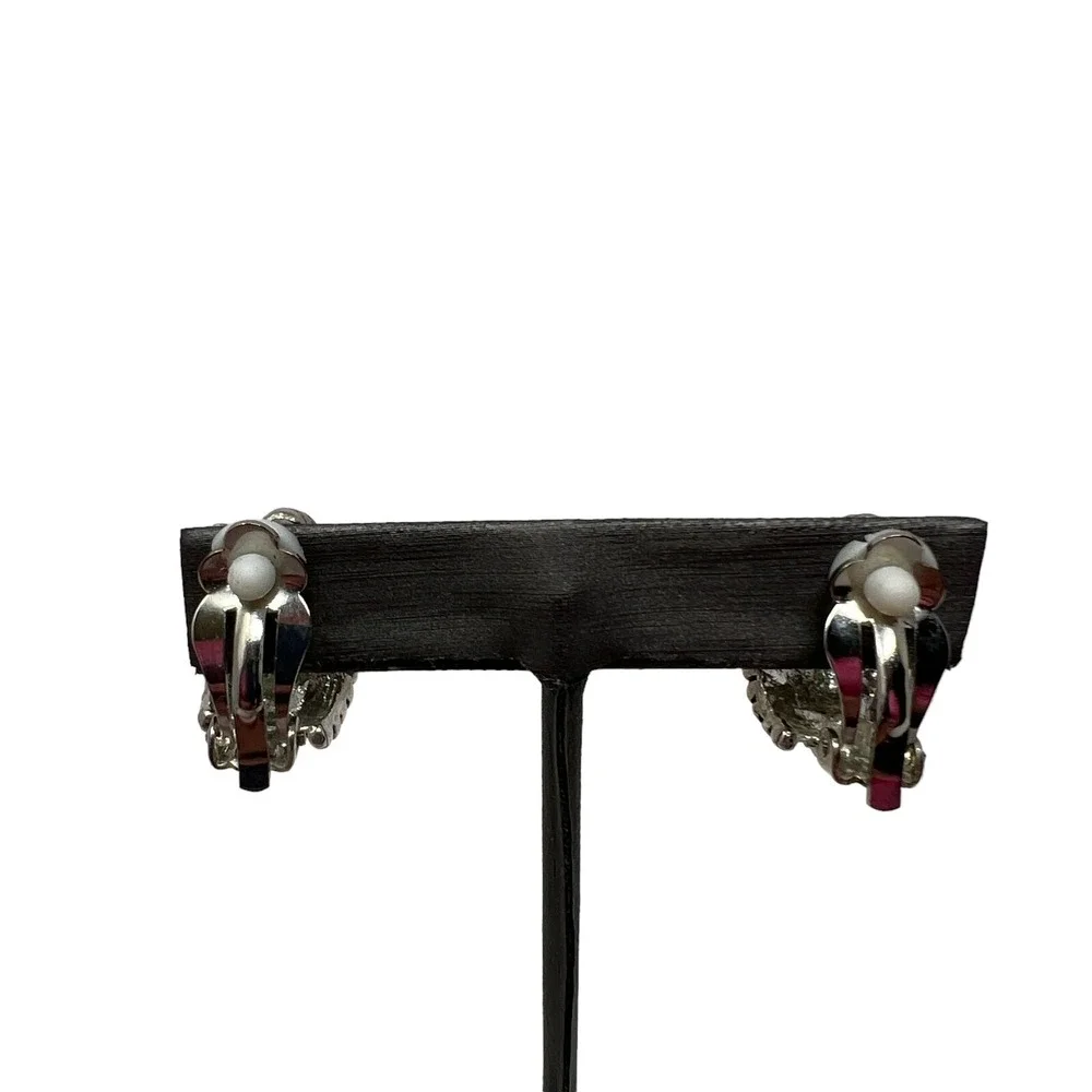 Vintage Clip On‎ Earrings Silver Tone Metal Black Accent Hoops